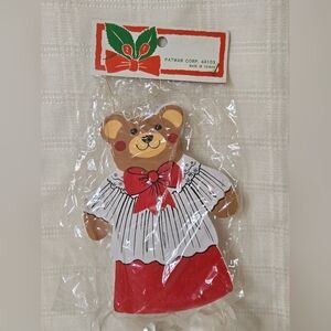 Flat Wood Bear‎ Christmas Ornament Hand Painted Vintage 90s New In Package *READ